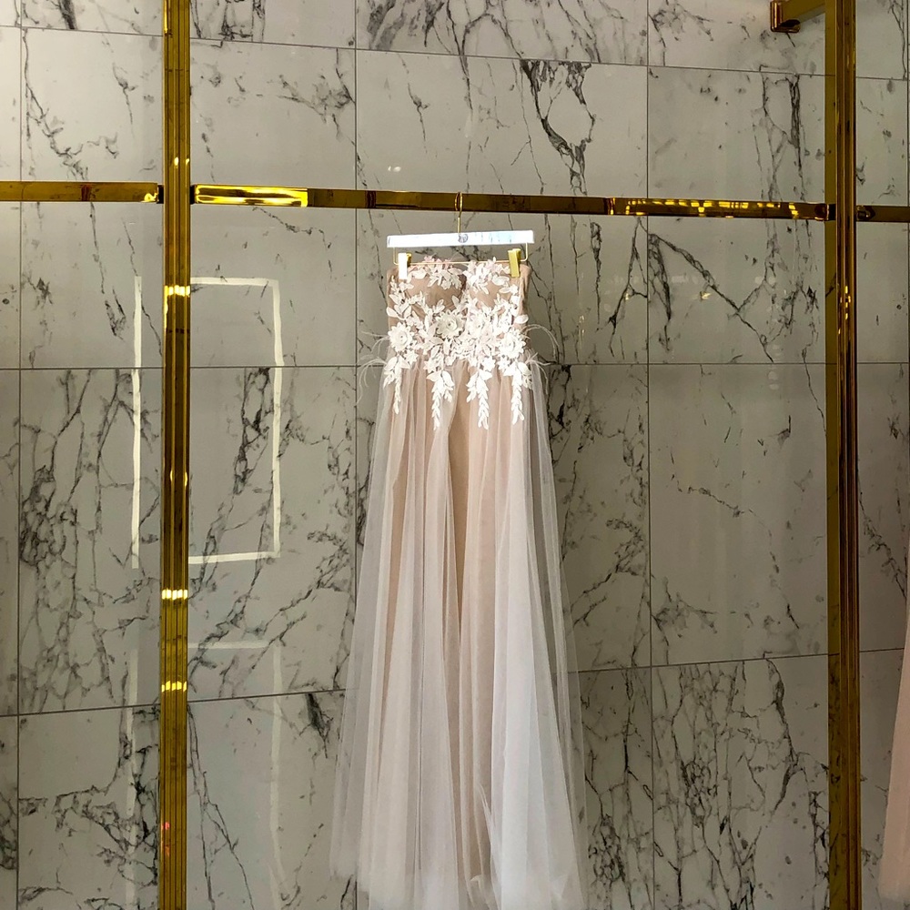 White lace dress with beige under skirt